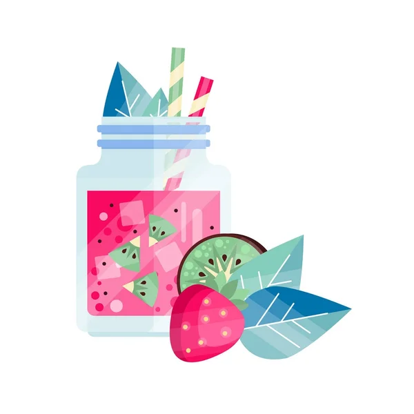 Φρέσκο ποτό με φράουλα και ακτινίδιο. Δροσιστικό smoothie σε γυάλινο βάζο με παγάκια και καλαμάκια. Βιολογικό ρόφημα. Νόστιμους χυμούς. Επίπεδη διανυσματική σχεδίαση — Διανυσματικό Αρχείο