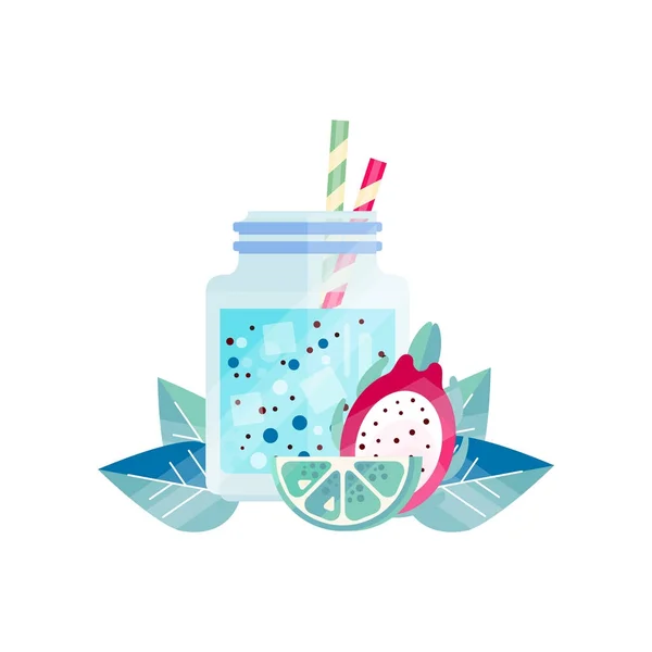 Νόστιμο smoothie με ασβέστη και pitaya. Δροσιστικό χυμό το καλοκαίρι με παγάκια και καλαμάκια. Χορτοφάγος κοκτέιλ. Διάνυσμα επίπεδη σχεδίαση για μενού ή συνταγή στο βιβλίο — Διανυσματικό Αρχείο