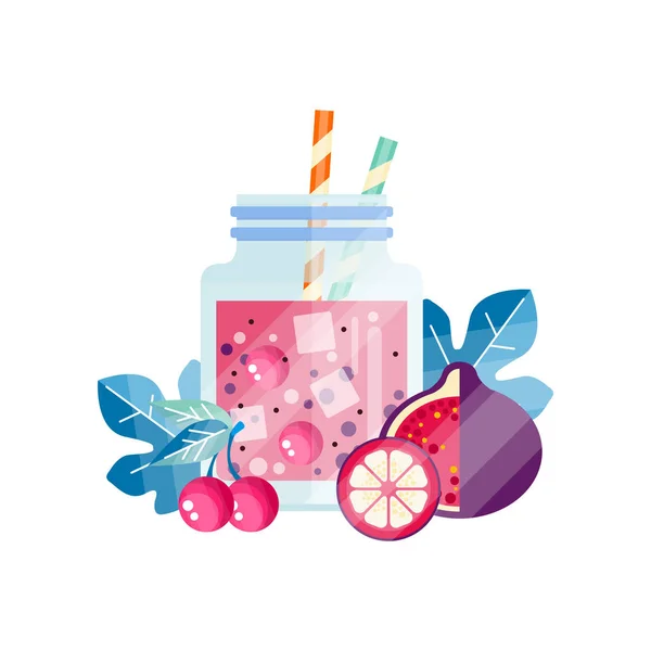 新鲜的鸡尾酒, 樱桃, 葡萄柚和西番莲果。用冰块和吸管在玻璃罐子里喝着美味的冰沙。素食饮料。平面矢量设计 — 图库矢量图片