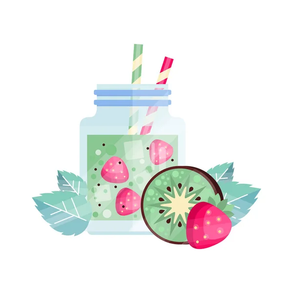 Cocktail di frutta con kiwi e fragola. Vaso di vetro di bevanda vegetariana rinfrescante. Frullato biologico e sano con cannucce e cubetti di ghiaccio. Design vettoriale piatto — Vettoriale Stock