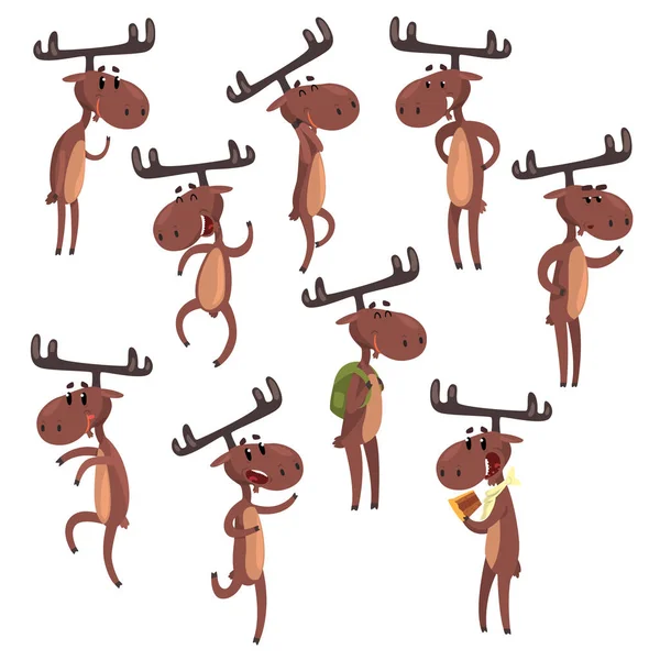 卡通套滑稽的棕色驼鹿在各种姿势。具有大角哺乳动物森林动物特性的欧亚麋鹿。动物园主题。明信片或儿童书的平面向量 — 图库矢量图片