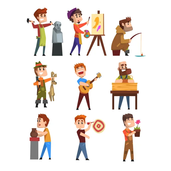 People hobby set. Cartoon male characters. Sculpturing, painting, fishing, hunting, playing guitar, gardening, playing darts. Flat vector on white. — Stock Vector