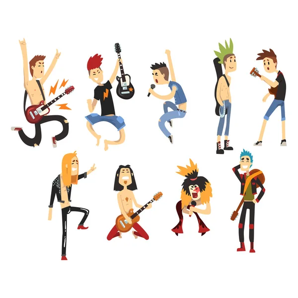 Personajes de artistas de rock de dibujos animados cantando y tocando en instrumentos musicales. Tipos con cortes de pelo coloridos. Guitarristas y cantantes. Banda de música. Conjunto de vector plano — Vector de stock