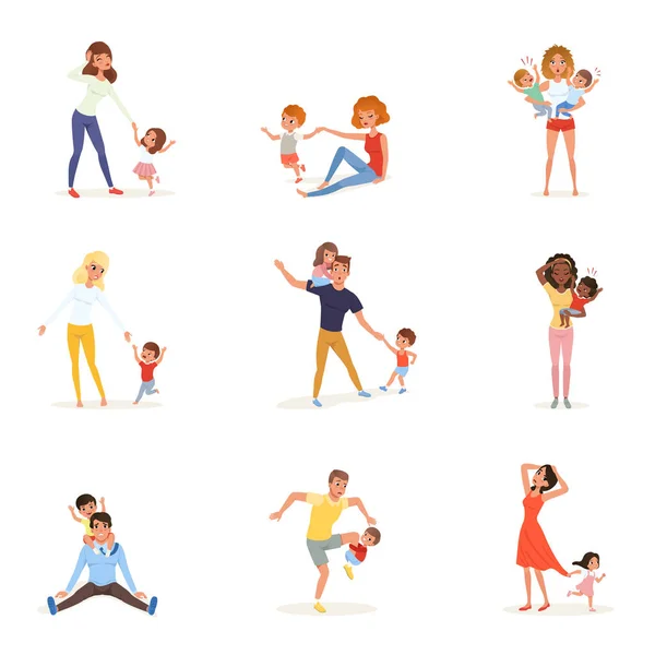 Set of tired parents with children. Exhausted moms and dads, playful boys and girls. Crazy day. Kids want to play. Reality of parenthood. Family concept. Flat vector — Stock Vector