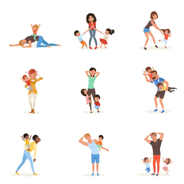 Cartoon set of tired young parents in different poses. Fathers, mothers, little boys and girls. Kids want to play. Reality of parenthood. Family action. Flat vector — Stock Vector