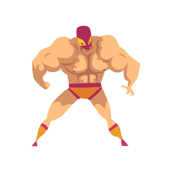 Luchador fuerte de dibujos animados en pose poderosa. Combatiente en máscara rojo-naranja, pantalones cortos y calcetines. Artista profesional de artes marciales. Listos para pelear. Deporte de combate. Vector plano — Vector de stock