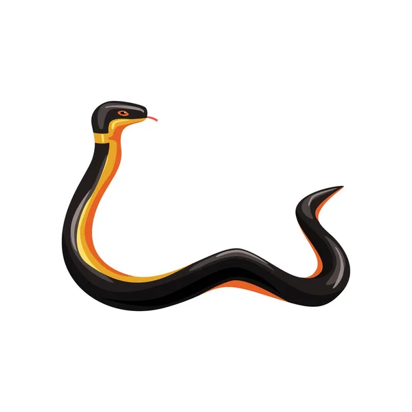 Serpiente tropical de dibujos animados con la lengua fuera. Serpiente inofensiva con escamas negras y amarillas. Animal exótico. Concepto de vida silvestre. Dibujos animados plano vector de diseño — Vector de stock