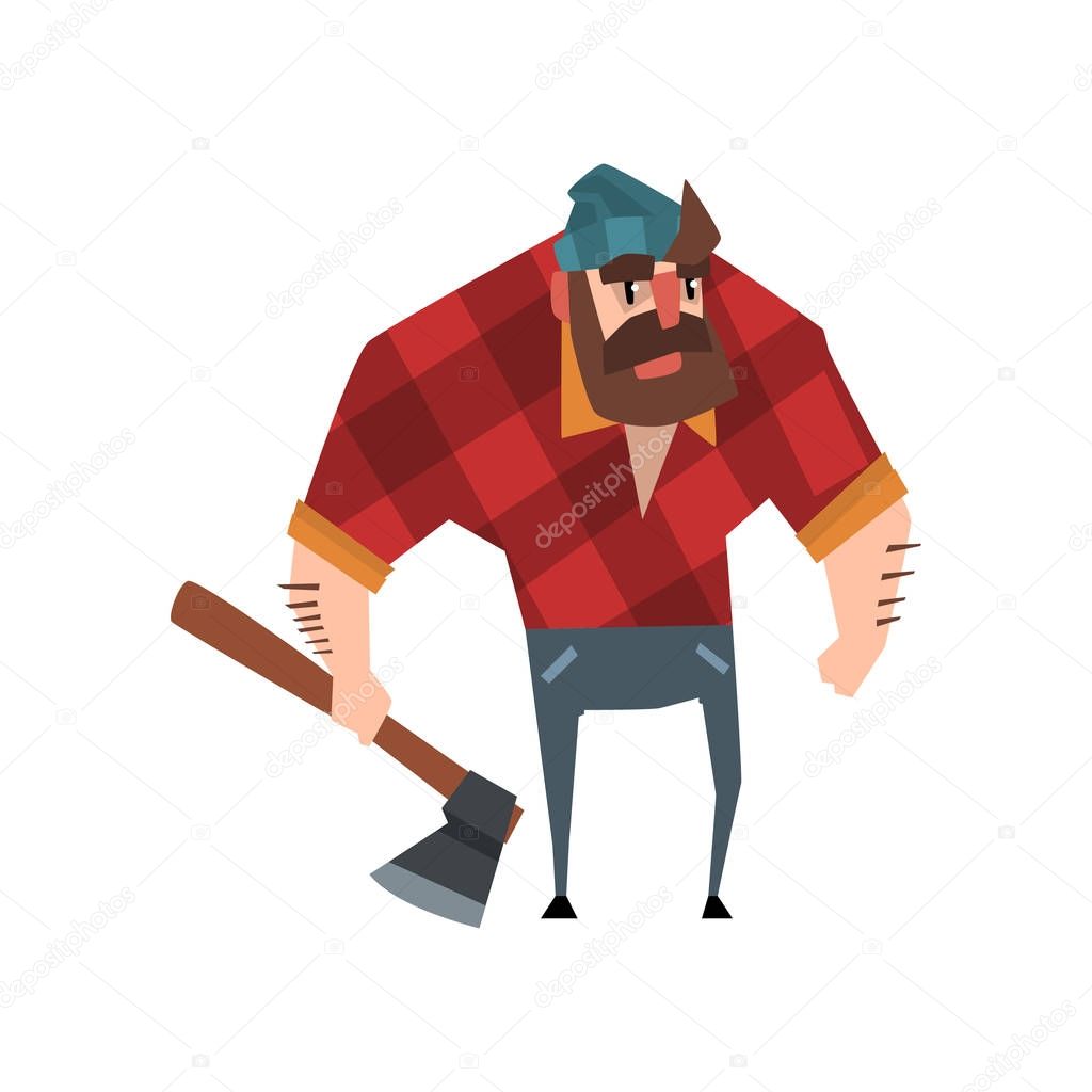 Strong bearded woodcutter character with axe in his hand. Cheerful lumberjack man wearing red checkered shirt, blue jeans and hat. Forest worker. Flat vector design