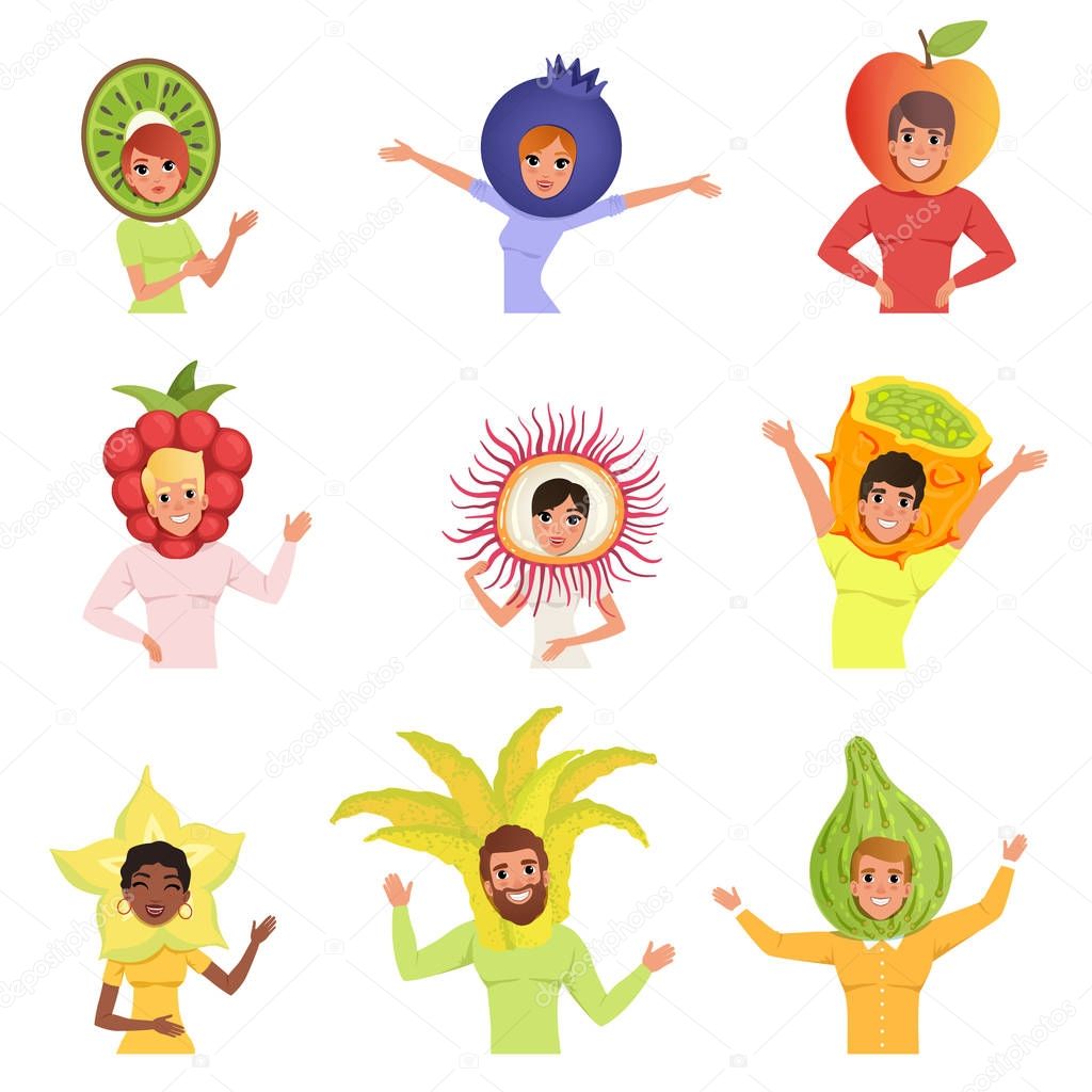 Set of happy people in various fruit hats. Kiwi, blueberry, apple, raspberry, carambola, horned melon, rambutan, feijoa. Cartoon men and women. Flat vector design