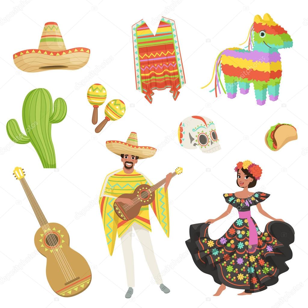 Set of cultural symbols Mexico. Sombrero, cactus, poncho, maracas, taco, pinata, guitar, skull. Hispanic man and woman in traditional costumes. Flat vector design