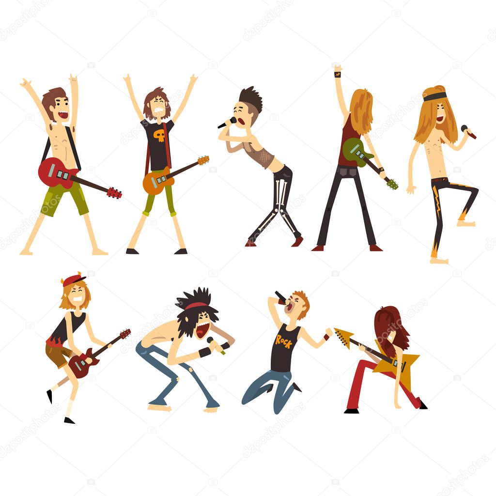 Rock artists characters set. Young musicians with electric guitars and microphones. Cartoon people in different poses. Musical band. Flat vector design