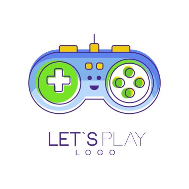 Gamepad with buttons to play. Gaming controller logo. Linear emblem with blue, green and yellow fill. Colorful vector design gadget store, mobile app or website clipart