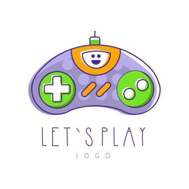 Gaming controller logo. Let s play. Gamepad icon. Vector design for device store, mobile app or developer company. Line art with purple, green and orange fill clipart