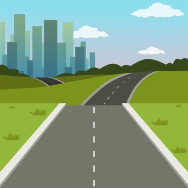 Yaz yeşil peyzaj yol şehre, doğa arka plan vektör çizim binalar, yol ve şehir