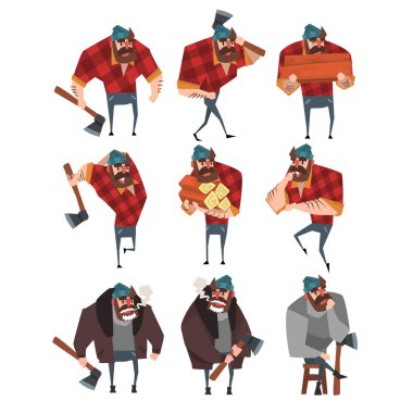 Oduncu farklı eylemleri dizi karikatür. Oduncu balta ile. Güçlü hipster ekose gömlek, kot pantolon, kazak, ceket, şapka adam sakallı. Düz vektör tasarımı