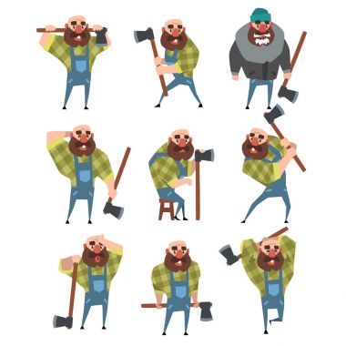 Farklı teşkil etmektedir komik kel oduncu kümesi. Sakallı adam baltayla karikatür. Oduncu mavi tulumlu, hipster ekose gömlek, sıcak ceket, şapka. Düz vektör tasarımı