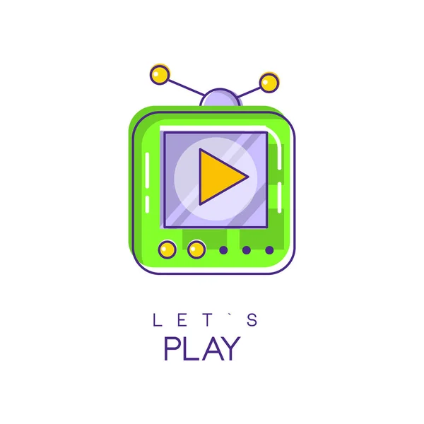 Logo de gadget electrónico. Icono de consola de juegos en estilo lineal con relleno verde y púrpura. Dispositivo de juego. Concepto de tecnología digital. Diseño de vectores para aplicaciones móviles o sitios web — Vector de stock