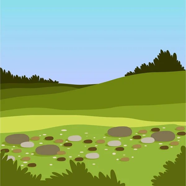 Güzel vadi tepeler ve taşlar, yeşil yaz manzara, doğa arka plan vektör çizim ile — Stok Vektör