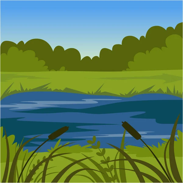 Yeşil Yaz yatay, göl, doğa arka plan vektör çizim — Stok Vektör