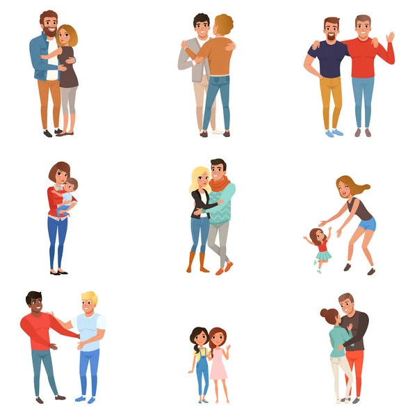 Conjunto de abrazar a la gente. Amigos, novias, hermanos, madres e hijos, parejas enamoradas. Personajes de dibujos animados con caras felices. Diseño de vector plano — Archivo Imágenes Vectoriales