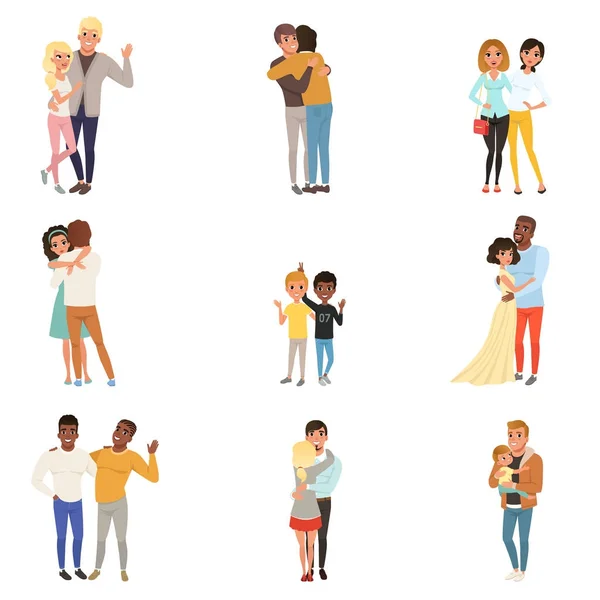 Uppsättning av krama människor i olika poser. Systrar, bröder, par i kärlek, vänner, far och barn. Seriefigurer med glada ansikten. Flat vektor design — Stock vektor