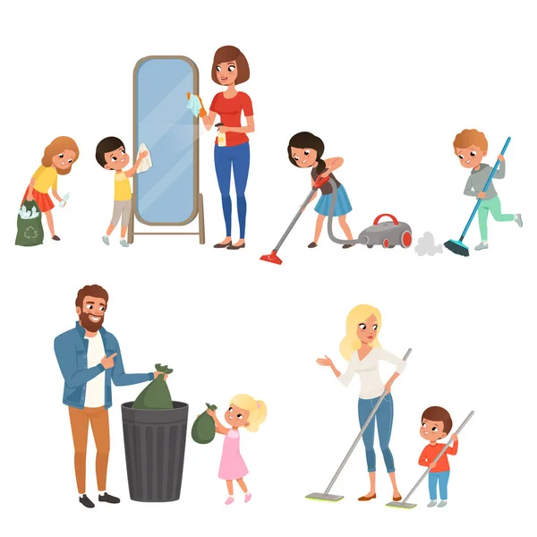 A gyermekek a szülők segít a házimunkában. Lendületes, porszívózás, mosás emelet, kidobták a szemetet, takarítás a tükör. Cartoon karaktereket a gyerekek. Lapos vector design — Stock Vector