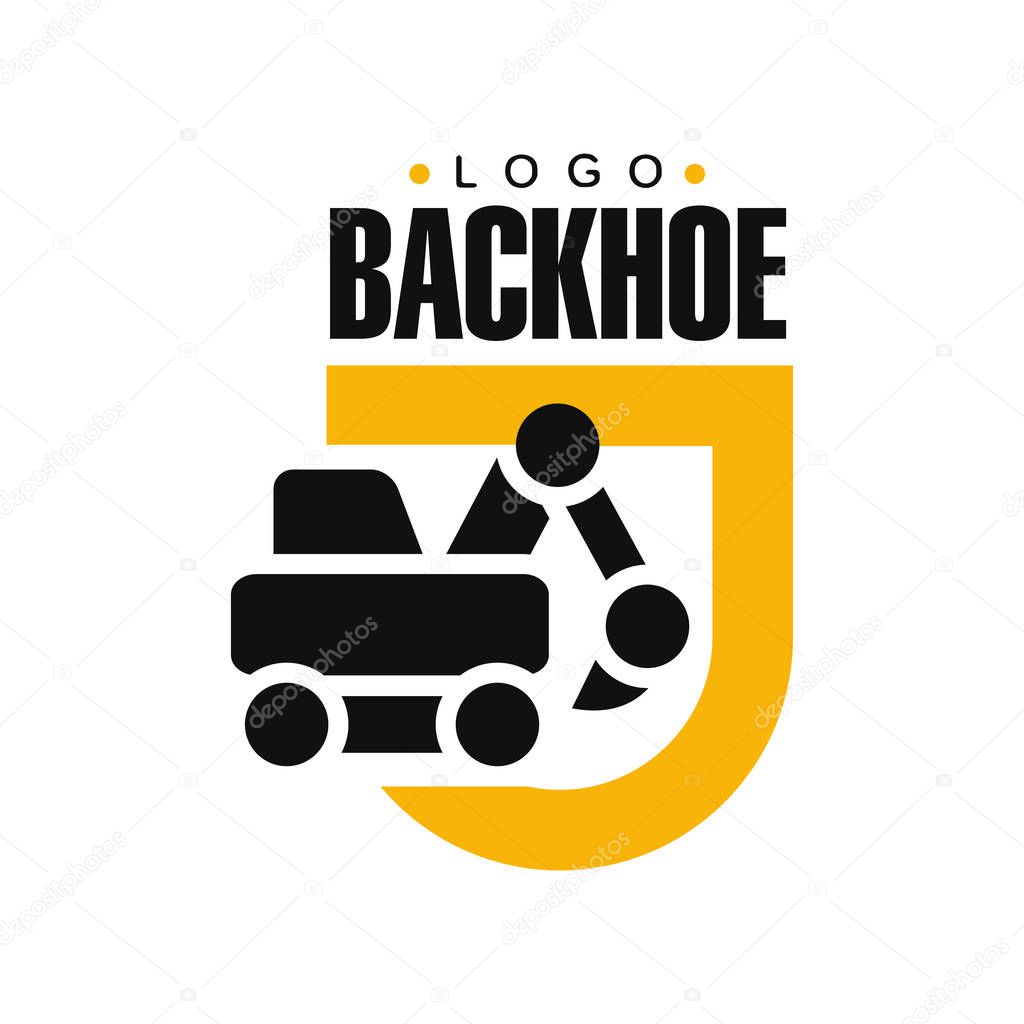 Backhoe logo design, excavator equipment service yellow and black label vector Illustration on a white background