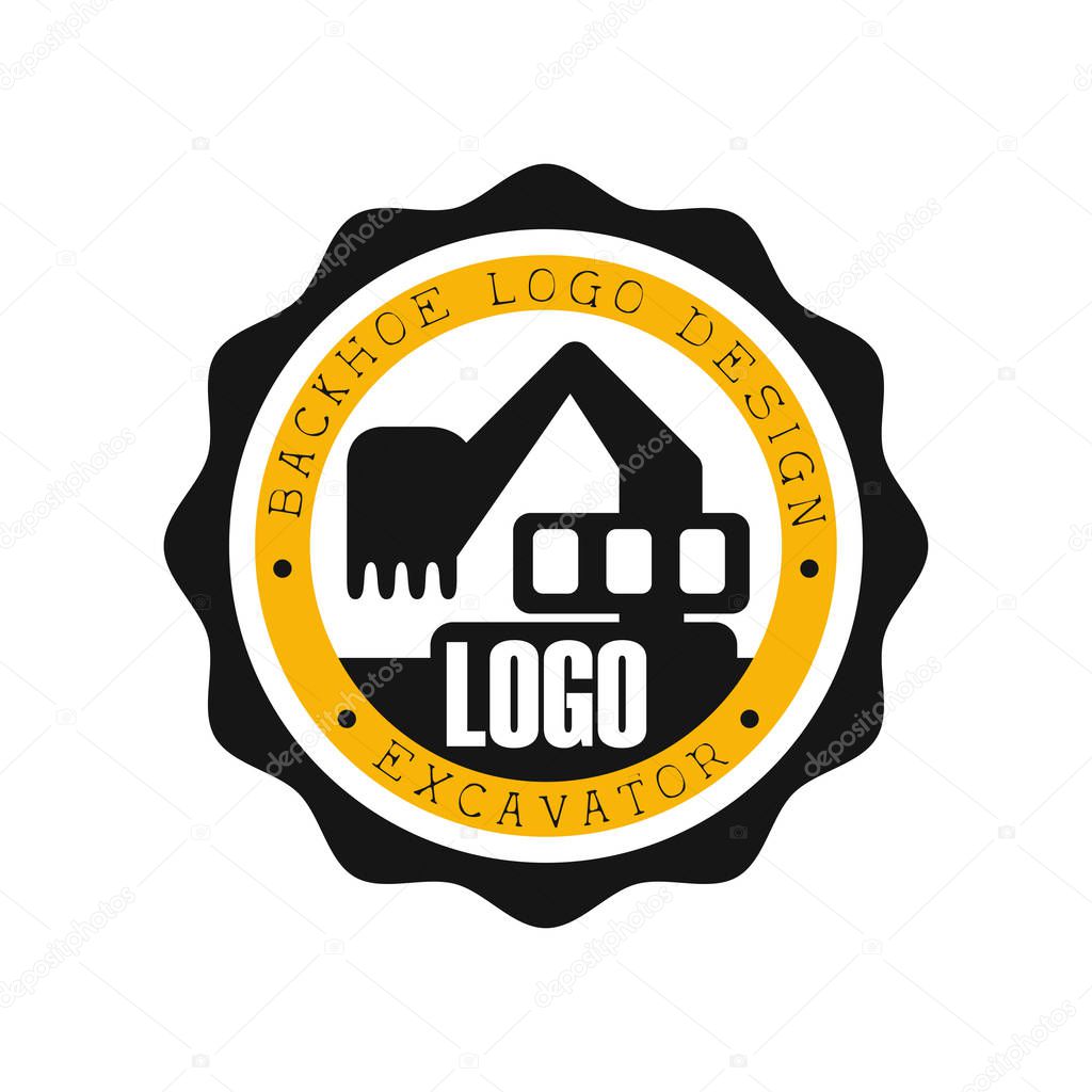 Backhoe logo design, excavator equipment service round yellow and black label vector Illustration on a white background
