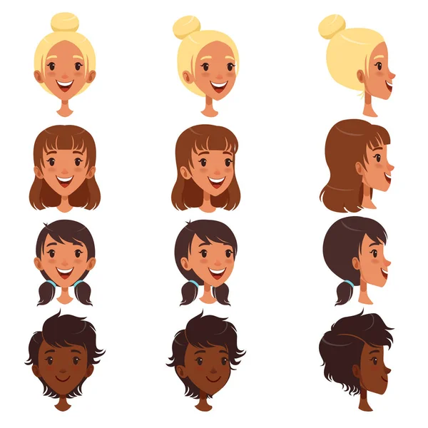 Hermosas mujeres jóvenes con varios conjunto de estilo de pelo, avatares personas vector ilustraciones — Vector de stock