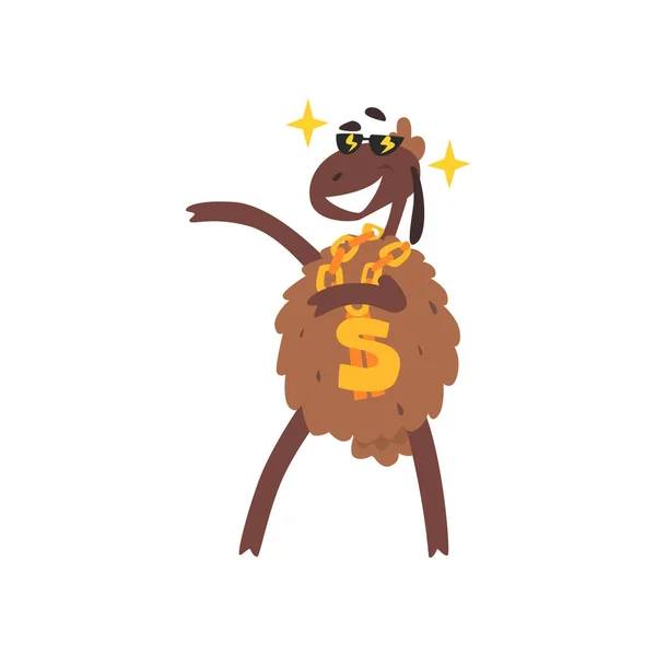 Багатий смішний вівці персонаж з ланцюгом доларів ювелірне намисто мультфільм Векторні ілюстрації — стоковий вектор