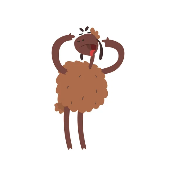 Grappige schapen karakter staande op twee benen met open mond cartoon vectorillustratie — Stockvector