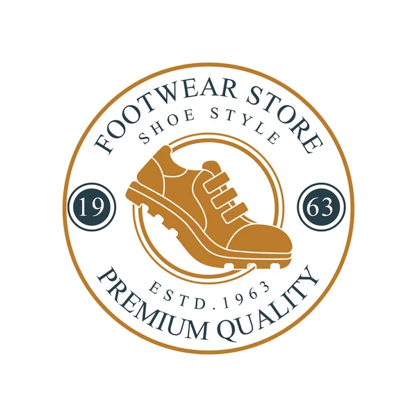 Het logo van de winkel van schoeisel, Premiumkwaliteit, estd 1963 vintage ronde badge voor schoeisel merk, schoenmaker of schoenen reparatie vector illustratie — Stockvector