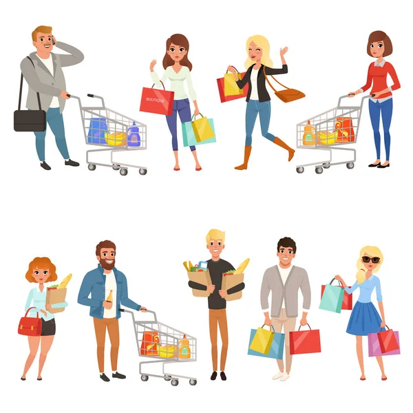 La gente va de compras. Personajes planos de dibujos animados en el supermercado con carritos de compras y bolsas de papel con comida. Ilustraciones vectoriales aisladas en blanco . — Vector de stock
