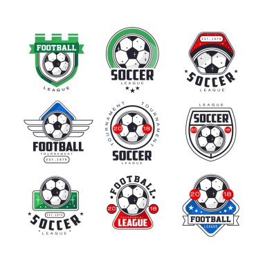 Futbol Ligi ya da turnuva logo şablonu ayarlayın. Yeşil, kırmızı ve mavi renklerle yaratıcı hat sanat simgeler. Düz vektör üzerinde beyaz izole.