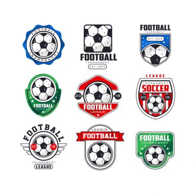 Futbol Ligi logo koymak. Futbol Turnuvası Amblemler topluluğu topları, kurdeleler ve yıldız ile dekore edilmiştir. Hat sanatı düz vektör simgeler