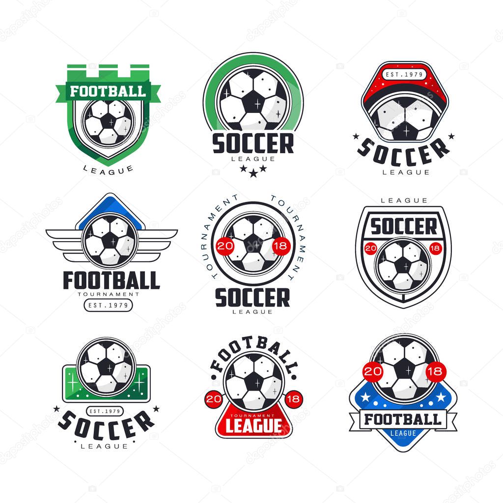 Soccer league or tournament logo templates set. Collection of football emblem and labels. Creative line art icons design with bright colors for print, t-shirt, souvenir. Flat vector isolated on white.