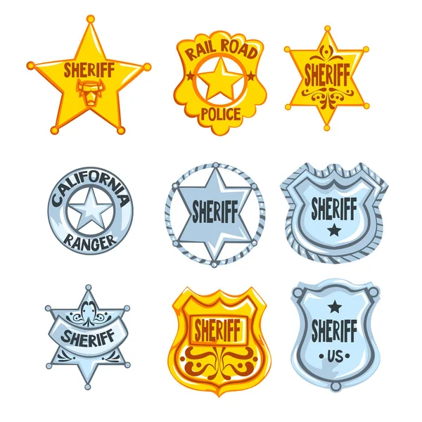 Samling av olika sheriff, railroad polisen och rangers emblem. COP s golden och silver tokens. Cartoon emblem i platt stil. Polis-symbol. Vektor design — Stock vektor