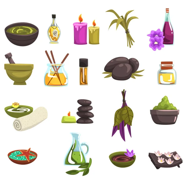 Spa salon en lichaam zorg ontwerpelementen instellen. Olie en kruiden, kaarsen, zee zout, warme stenen, handdoek, bloemen. Schoonheid procedures Wellness-pictogrammen. Vector collectie op wit. — Stockvector