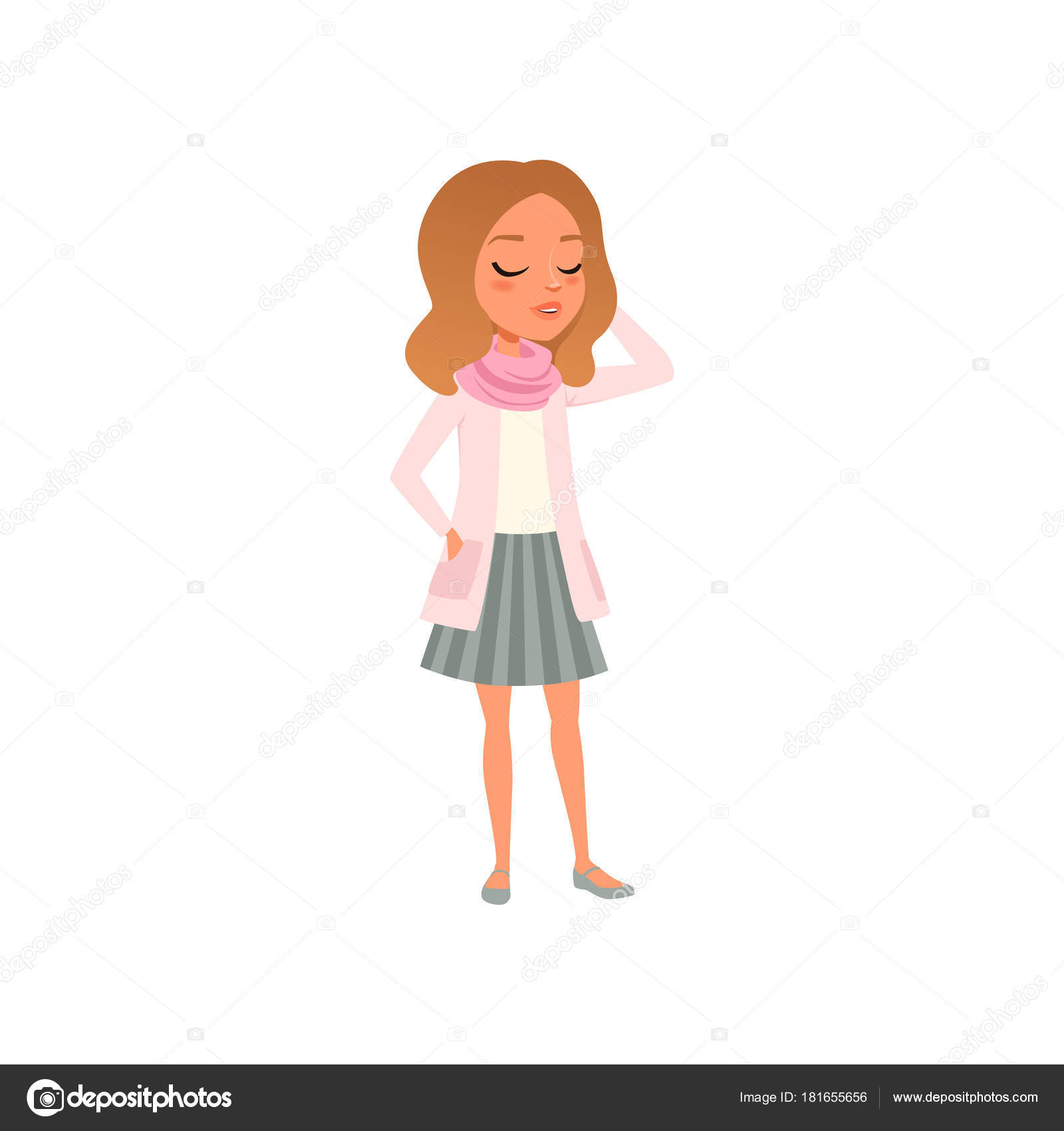 Vestiti alla moda femminile Cartone animato adolescente personaggio in posa isolato su priorit  bassa bianca Piatto colorato vettore — Vettoriali di