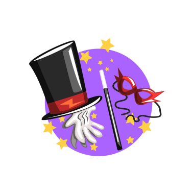 Büyücü mesleği, siyah şapka, beyaz eldiven, sihirli değnek ve maskesi sembolleri vektör çizim karikatür