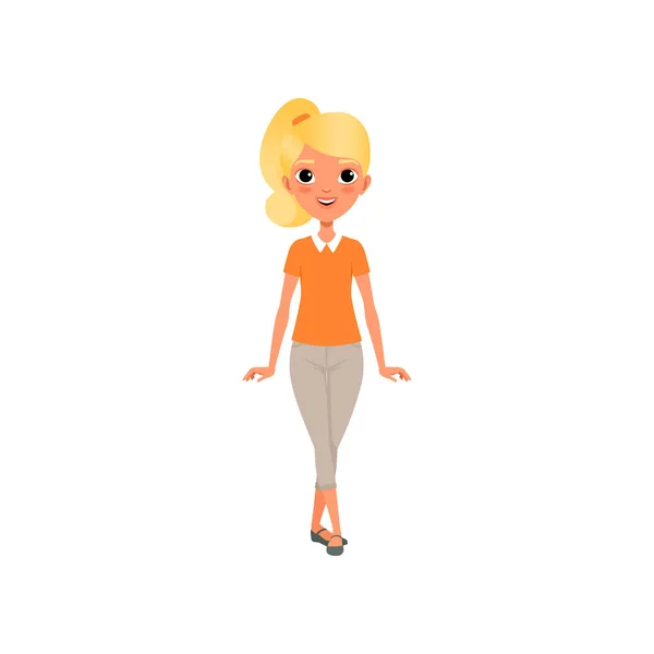 Tecknad blond flicka med hästsvans i orange t-shirt och beige ridbyxor. Kvinnlig karaktär poserar med glada ansikte uttryck. Elegant casual kläder. Flat vektor design — Stock vektor