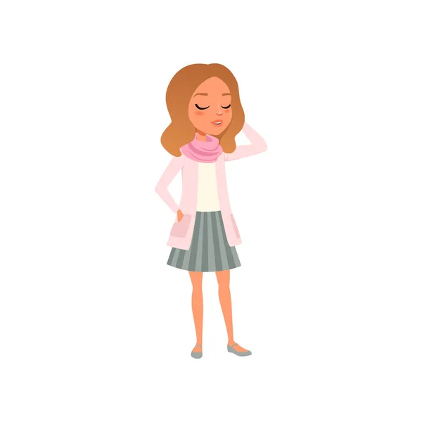 Pretty brunette girl posing in t-shirt, pink jacket, scarf and striped skirt. Stylish female clothes. Cartoon teenager character Colored flat vector design — Stock Vector