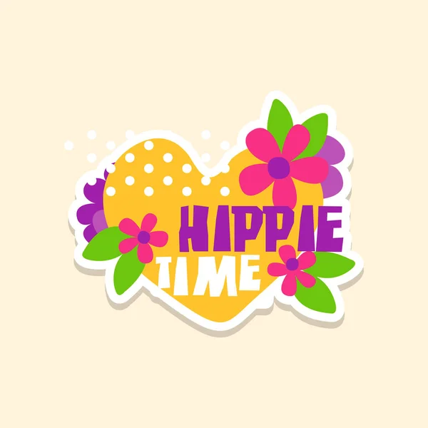 Texto criativo Hippie Tempo com coração e flores, adesivo bonito em cores brilhantes, patch de moda, crachá no estilo dos desenhos animados, ilustração vetorial — Vetor de Stock