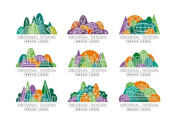 Green logos set. Abstract icons with amusement park, factory, city view, theater, and buildings against forest background. Environment concept. Linear vector design — Stock Vector