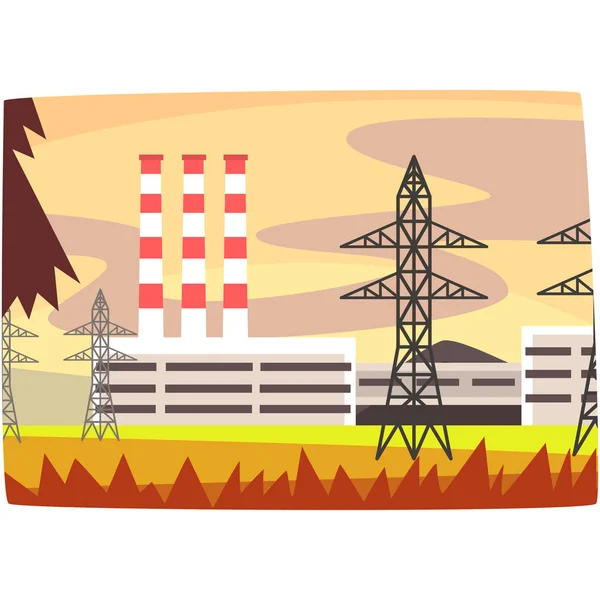 Fossil fuel power station, energy producing plant horizontal vector illustration — Stock Vector