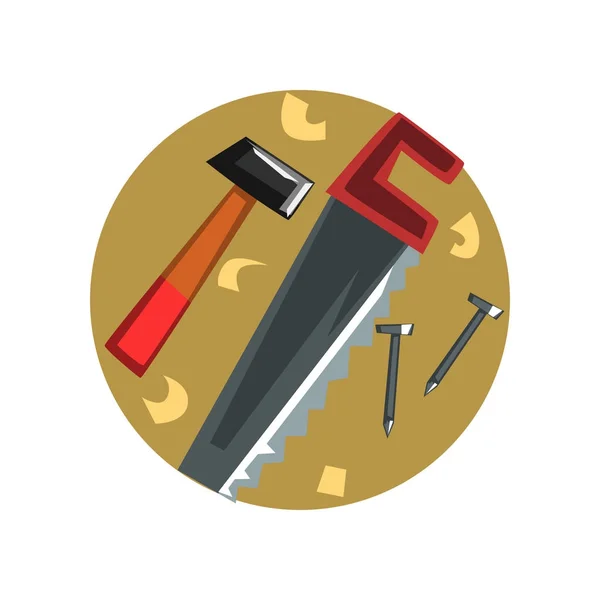 Symbols of the carpenter profession, carpentry tools cartoon vector Illustration — Stock Vector