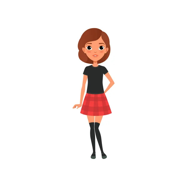 美丽的黑发女孩在时髦的衣服黑色 t恤, 膝袜和红色格子短裙。卡通青少年性格与大闪亮的眼睛。平面矢量设计 — 图库矢量图片