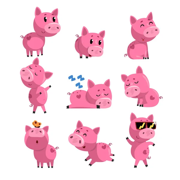 Conjunto de cerdito lindo en diferentes acciones. Dormir, bailar, caminar, sentarse, saltar. Personaje de dibujos animados de animal doméstico rosa. Diseño vectorial plano aislado — Vector de stock