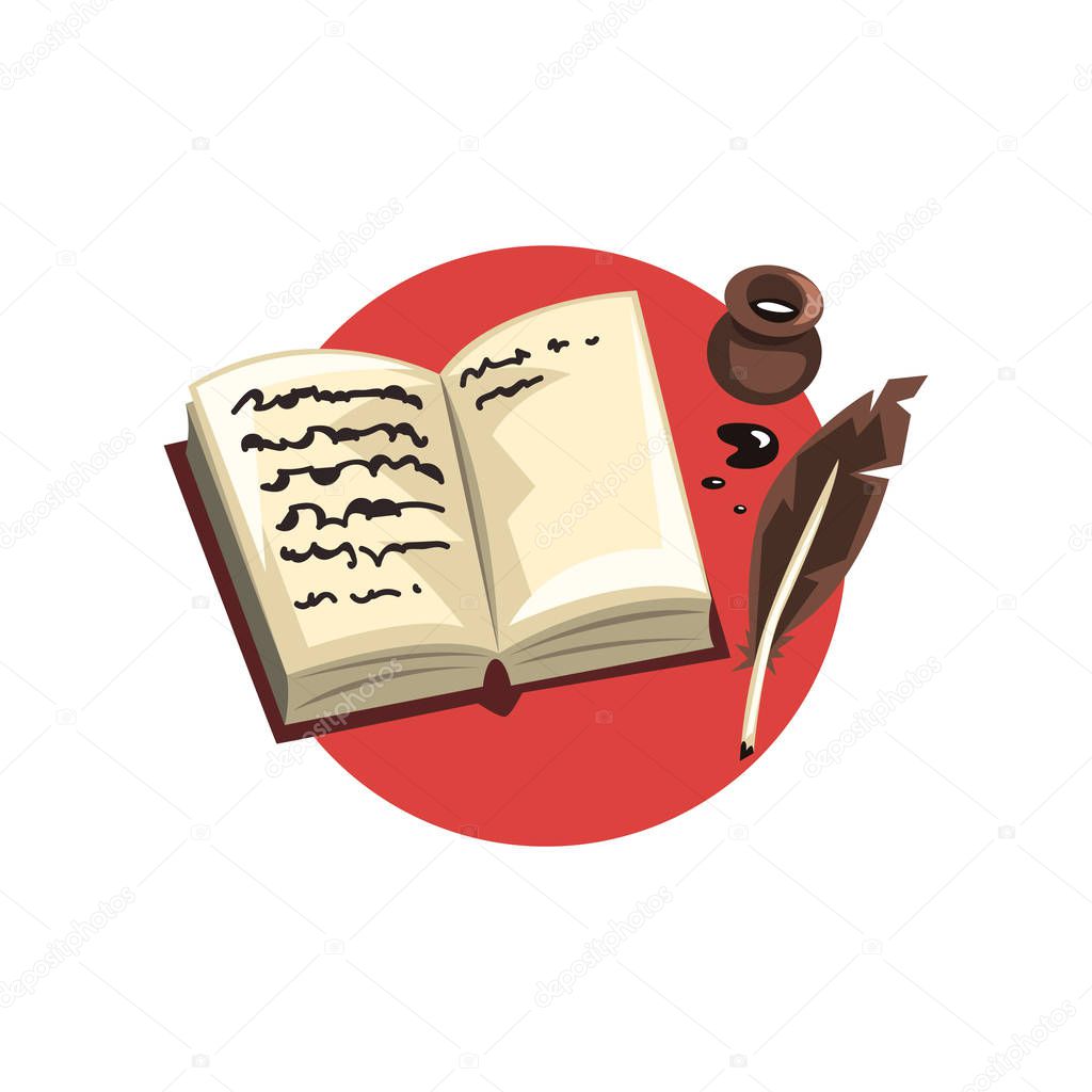 Symbols of the writer profession, vintage quill, ink and book cartoon vector Illustration