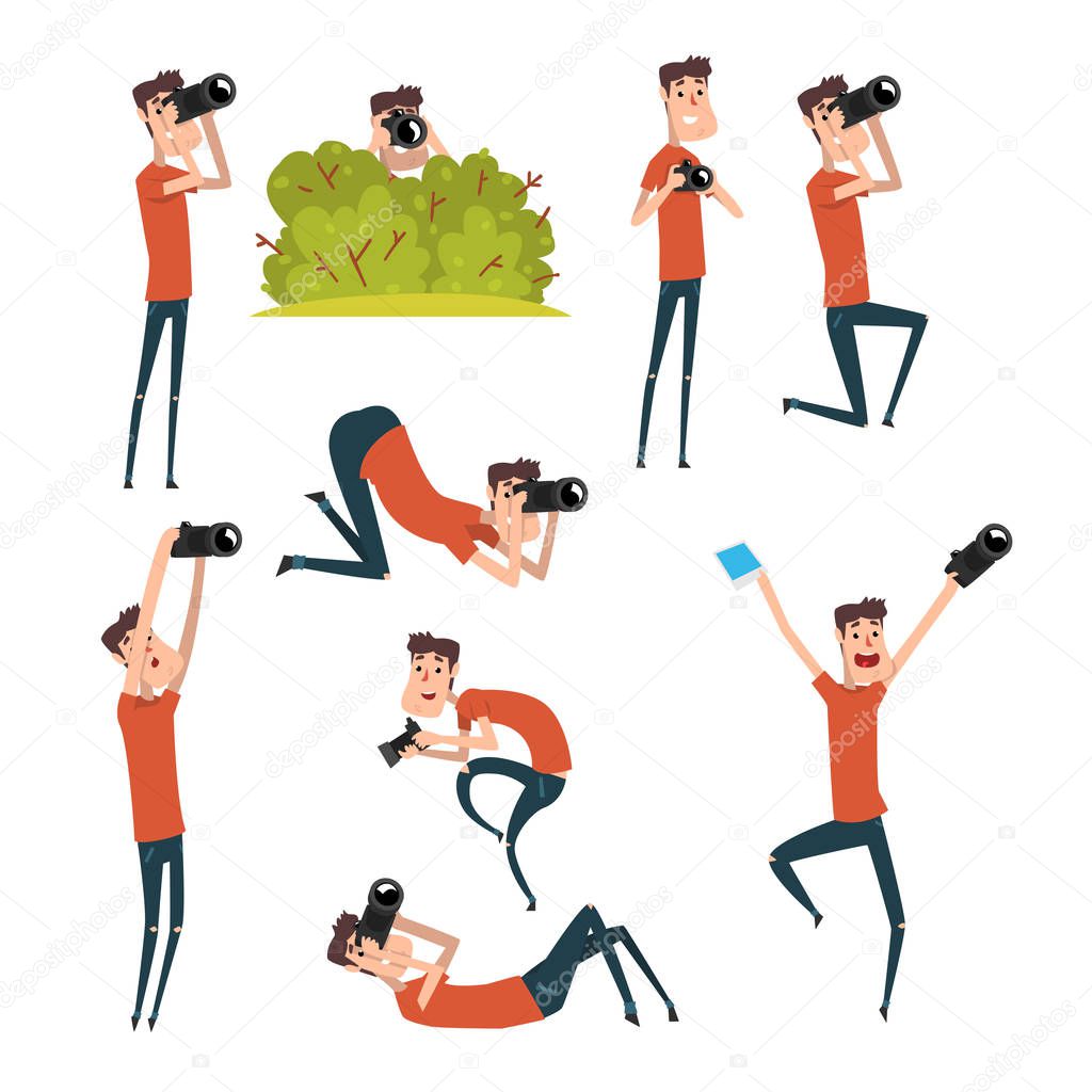 Set of photographers in different situations. Cartoon man taking pictures using professional camera. Young cheerful guy in t-shirt and jeans. Flat vector design